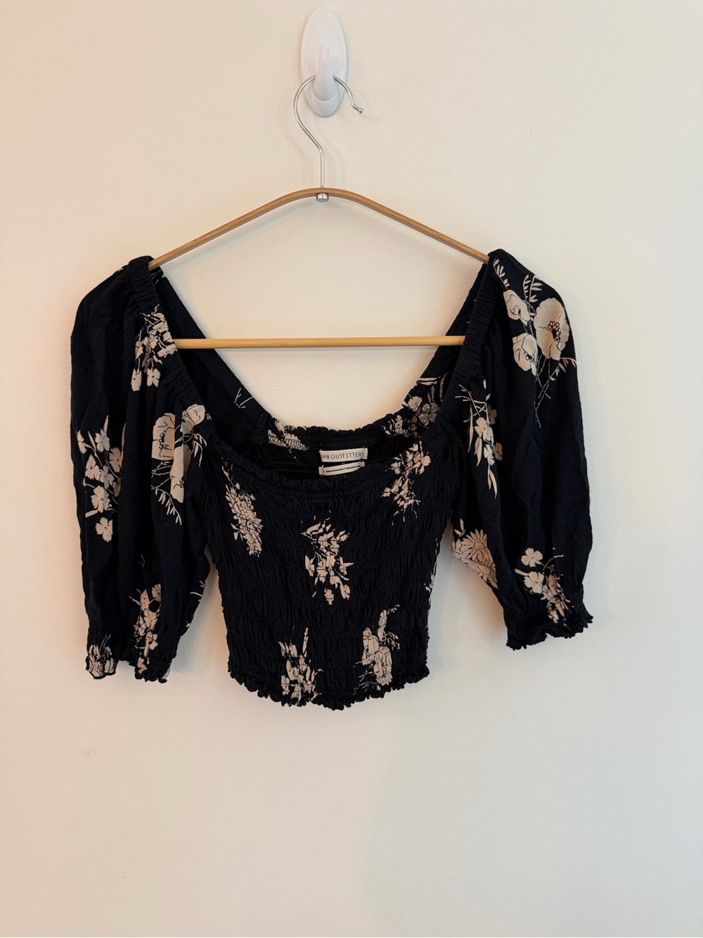 Urban Outfitters Black Floral Smocked Off-Shoulder Crop Top